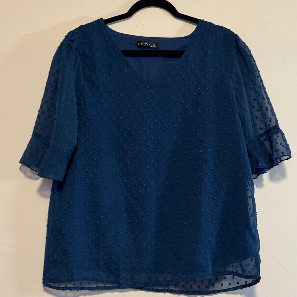 Elegant Blue V-Neck Blouse with Sheer Sleeves